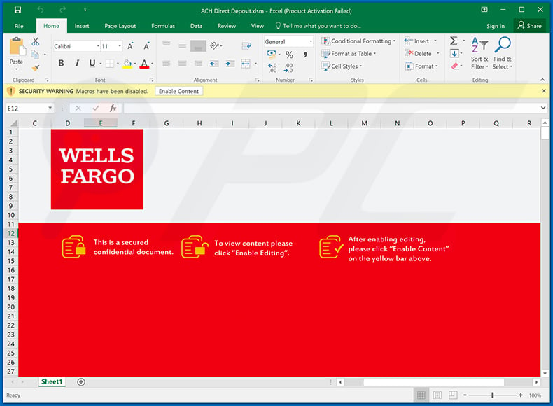WELLS FARGO-themed MS Excel document used to inject Remcos RAT into the system