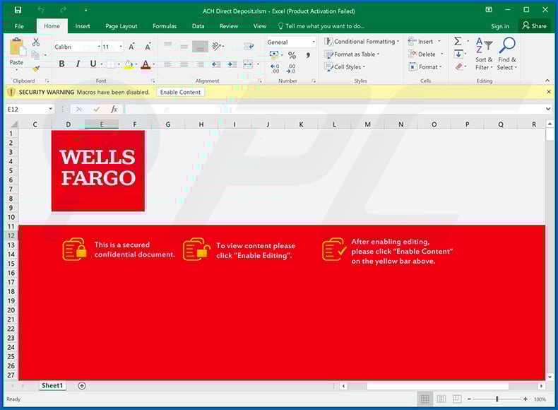 WELLS FARGO-themed MS Excel document used to inject Remcos RAT into the system