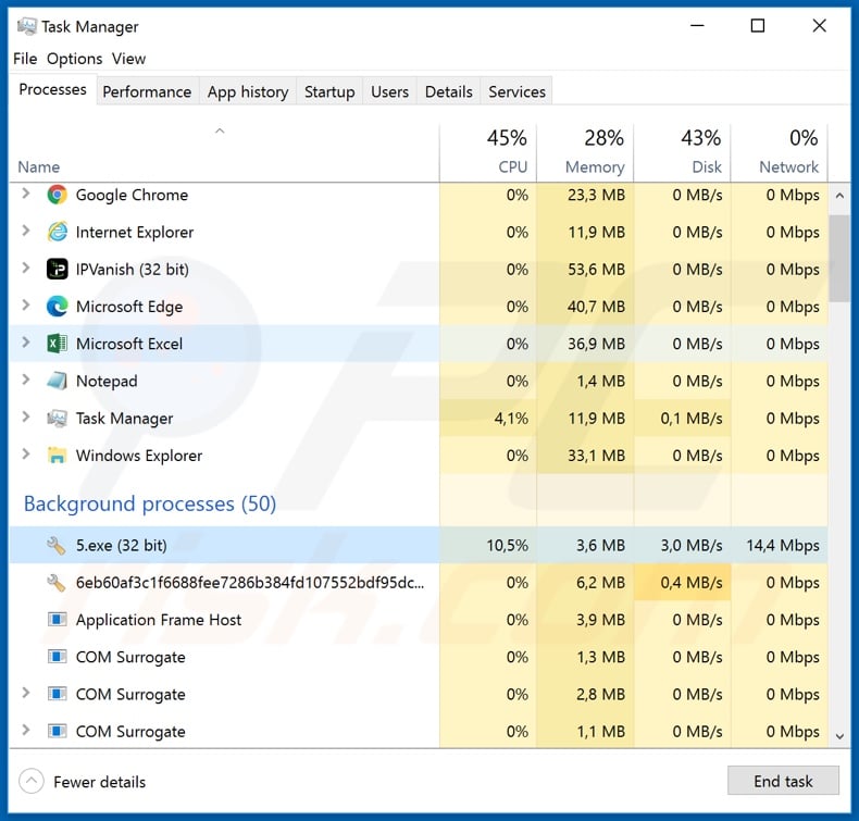 Repl ransomware process on task manager (5.exe)