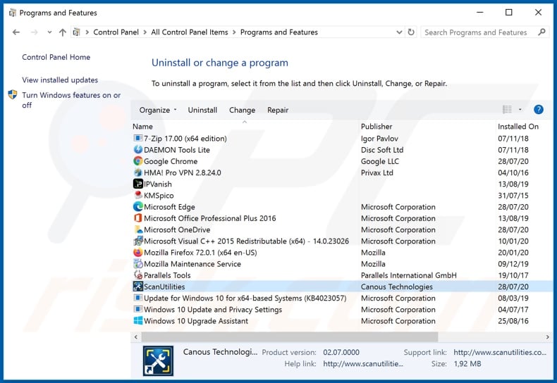 ScanUtilities adware uninstall via Control Panel