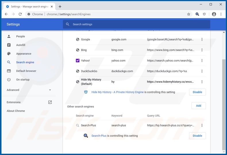 Removing hsearch-plus.co from Google Chrome default search engine