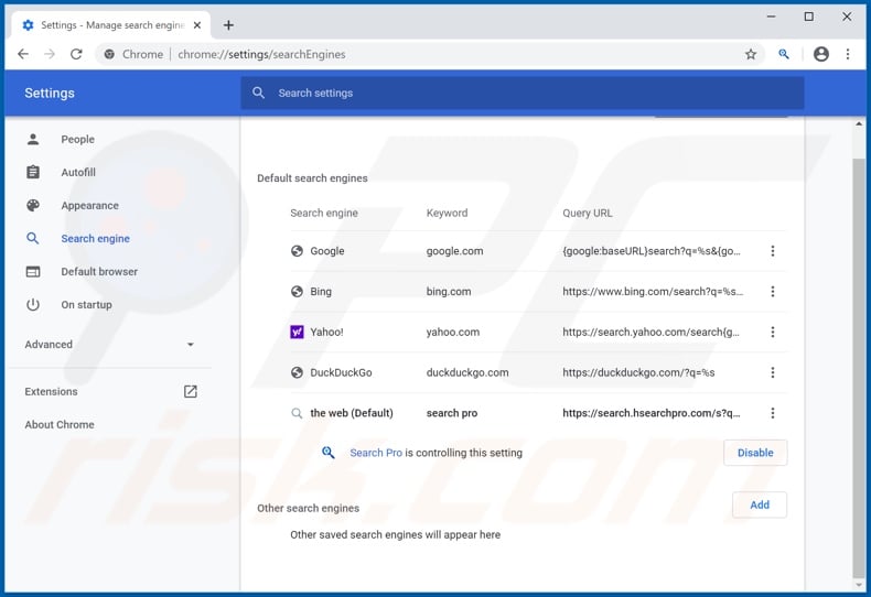 Removing hsearchpro.com from Google Chrome default search engine