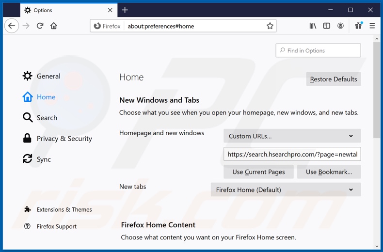 Removing hsearchpro.com from Mozilla Firefox homepage