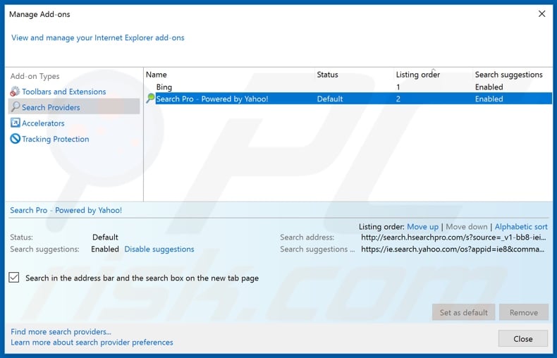 Removing hsearchpro.com from Internet Explorer default search engine