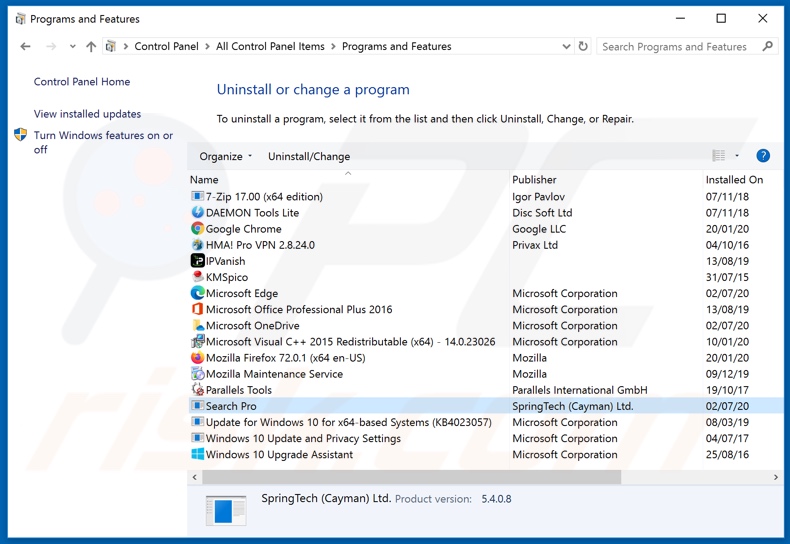 hsearchpro.com browser hijacker uninstall via Control Panel