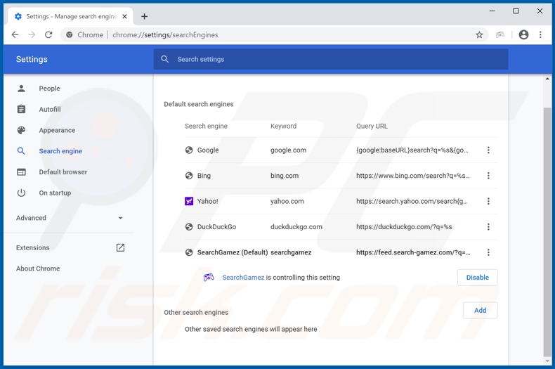 Removing search-gamez.com from Google Chrome default search engine