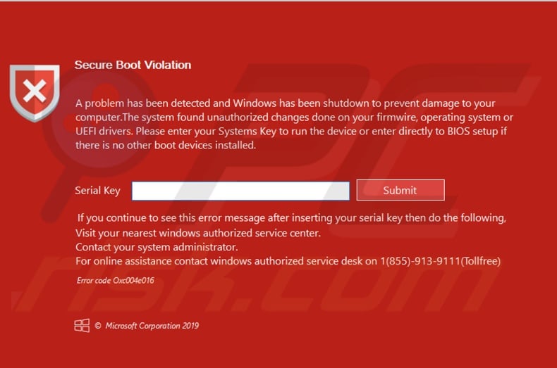 Secure Boot Violation screenlocker scam message