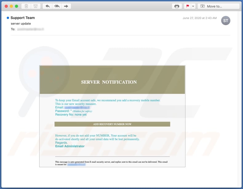 Server Notification scam email spam campaign