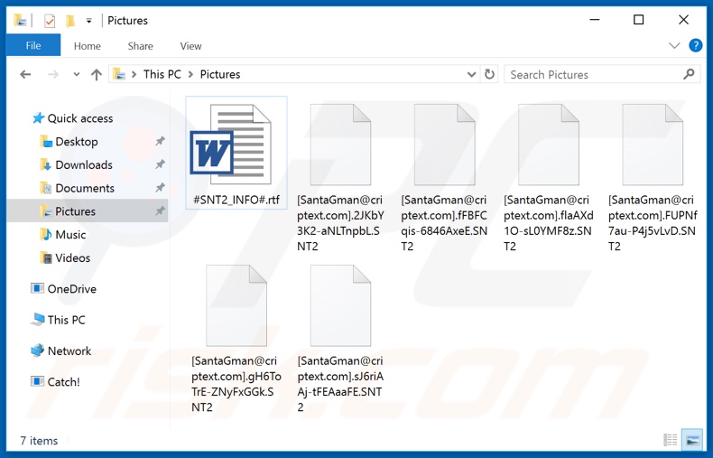 Files encrypted by SNT2 ransomware (renaming pattern:[SantaGman@criptext.com].[random-string].SNT2)