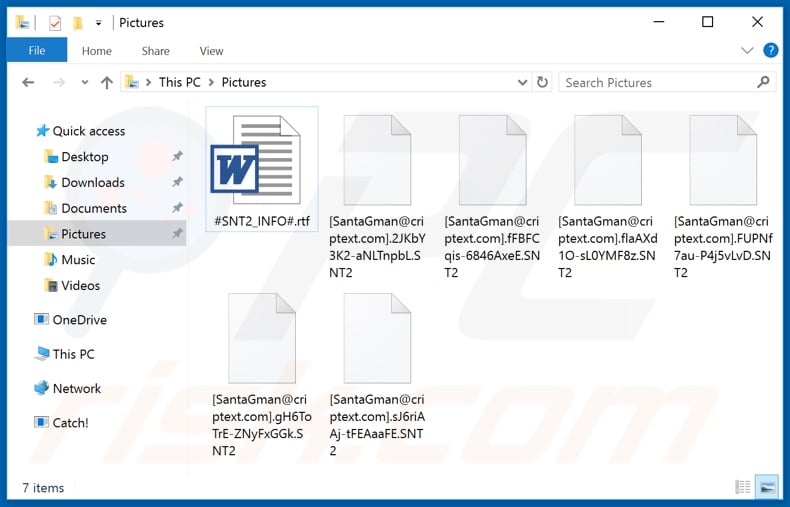 Files encrypted by SNT2 ransomware (renaming pattern:[SantaGman@criptext.com].[random-string].SNT2)