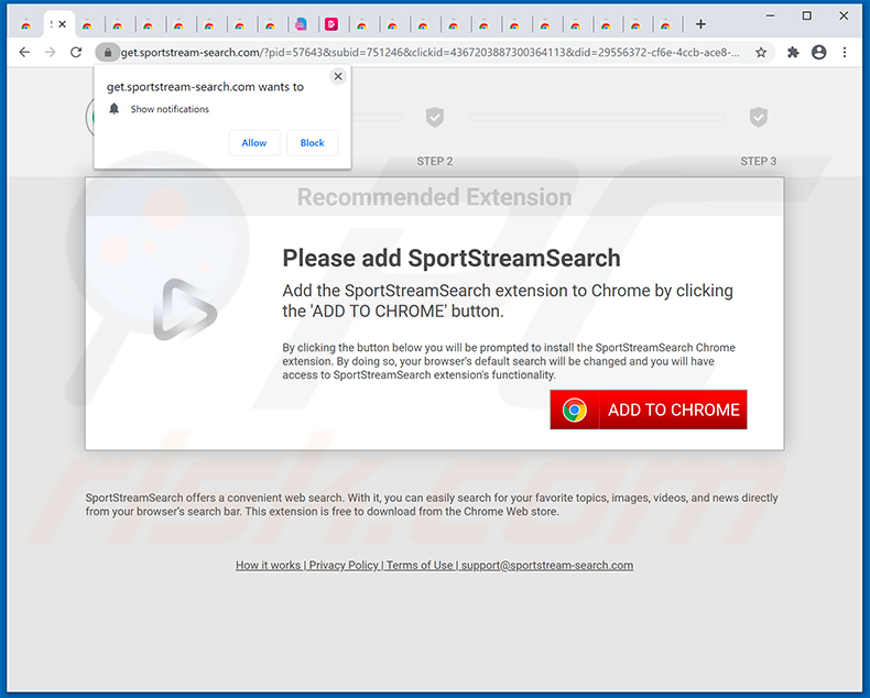SportStreamSearch browser hijacker-promoting website