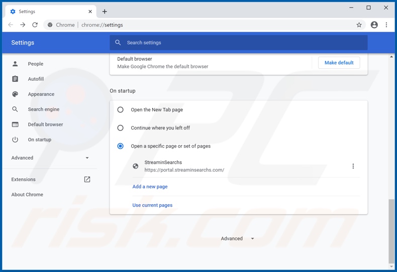 Removing streaminsearchs.com from Google Chrome homepage
