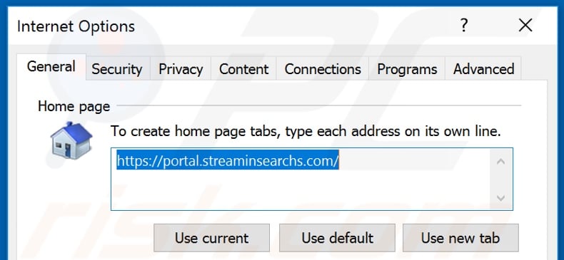 Removing streaminsearchs.com from Internet Explorer homepage