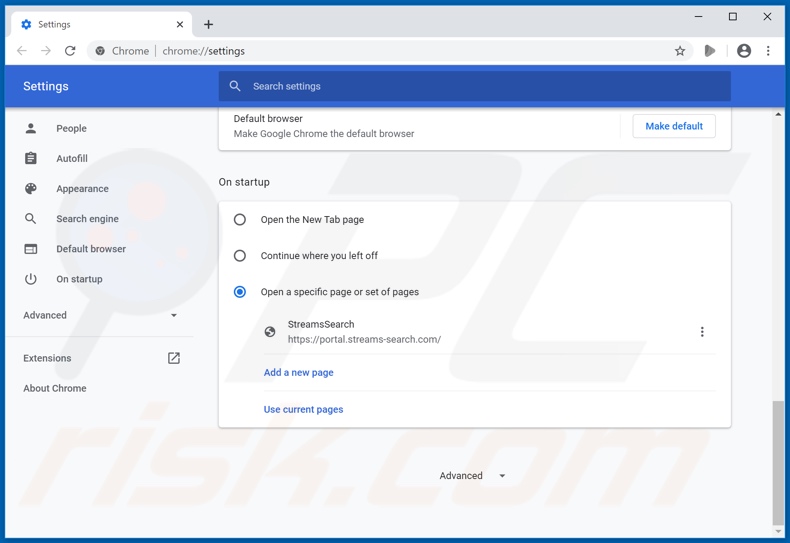 Removing streams-search.com from Google Chrome homepage