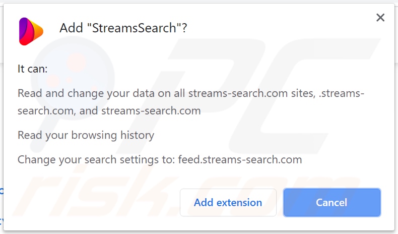 StreamsSearch browser hijacker asking for permissions