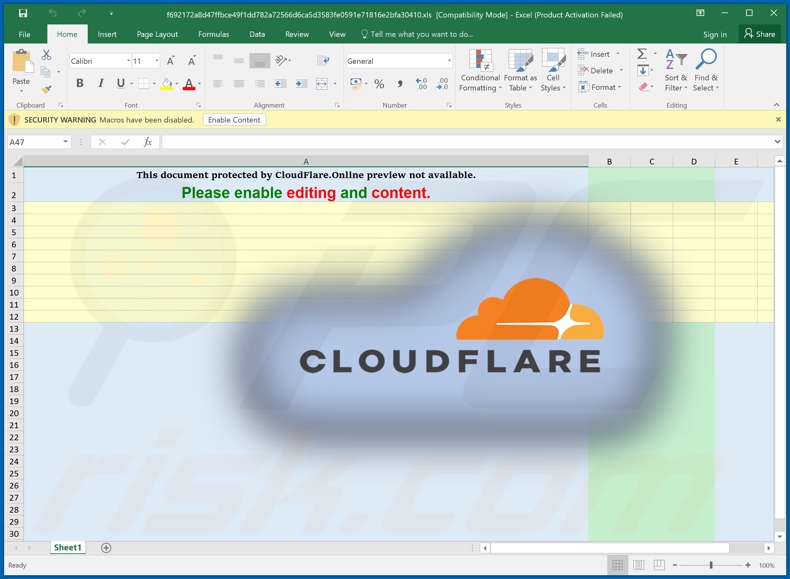 Appearance of a malicious document with the deceptive message - This document protected by CloudFlare