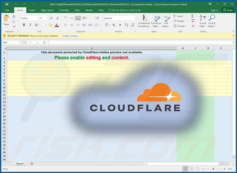 Appearance of a malicious document with the deceptive message - This document protected by CloudFlare