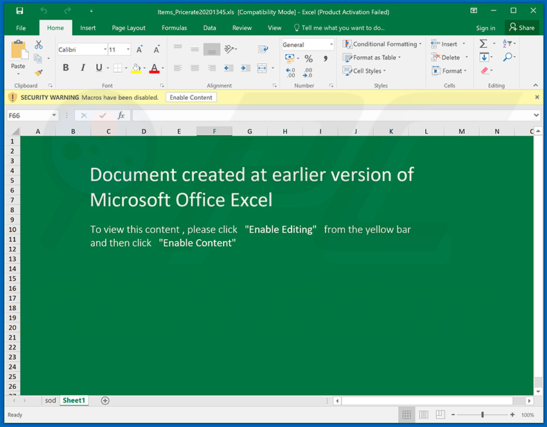 MS Excel document used to inject TrickBot malware into the system