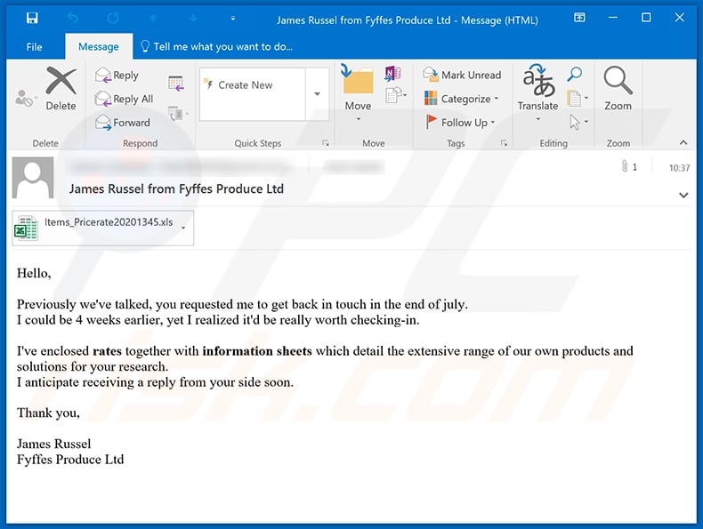 Spam email spreading TrickBot trojan via attached MS Excel document