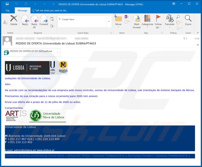 Universidade de Lisboa malware-spreading email spam campaign