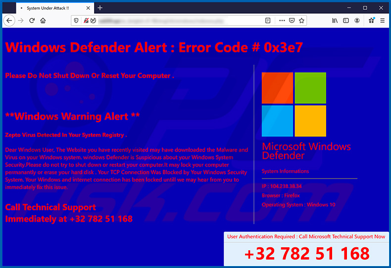 Windows Defender Alert (0x3e7) pop-up scam (2020-07-10)