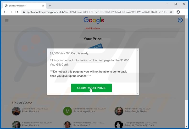 Pop-up displayed after the second page of the You've made the 9.68-billionth search scam