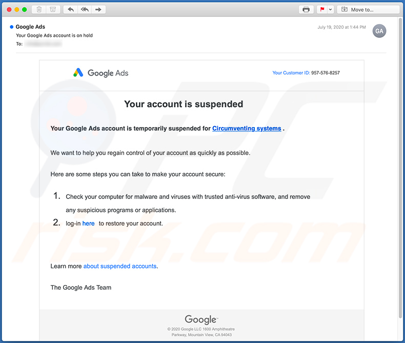Your Google Ads account has been suspended spam email (example 1)