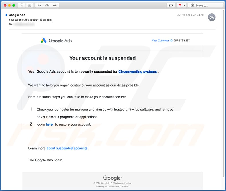 Your Google Ads account has been suspended spam email (example 1)