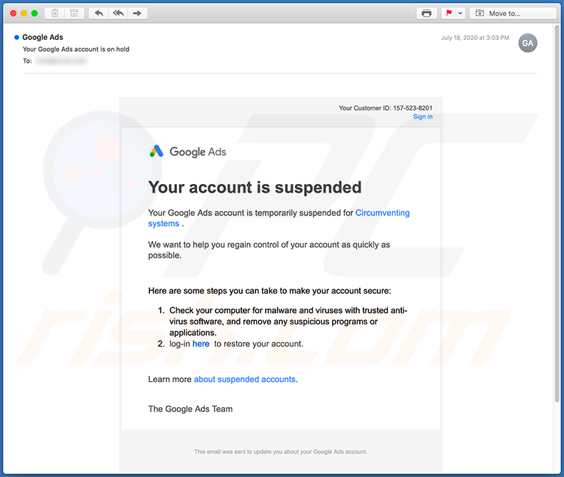 Your Google Ads account has been suspended spam email (example 2)