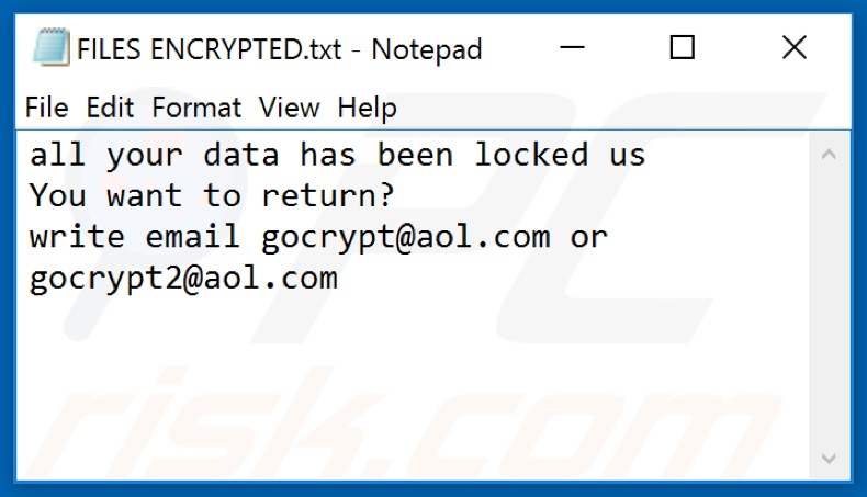 1dec ransomware text file (FILES ENCRYPTED.txt)