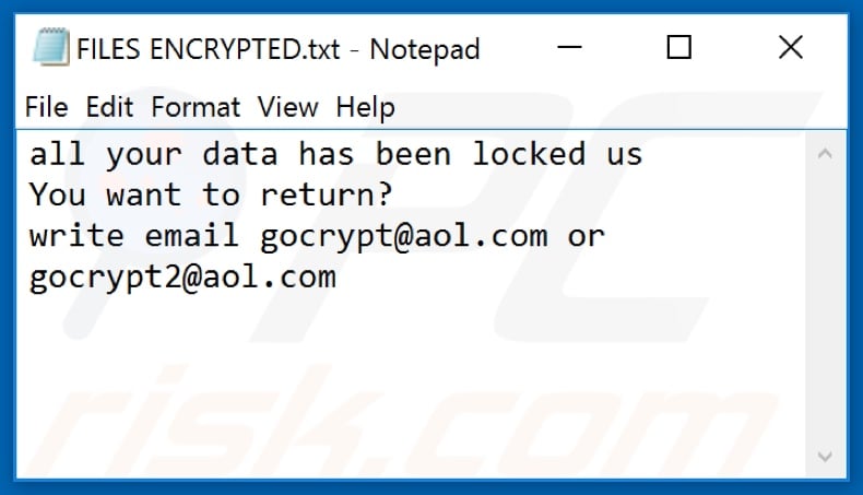 1dec ransomware text file (FILES ENCRYPTED.txt)
