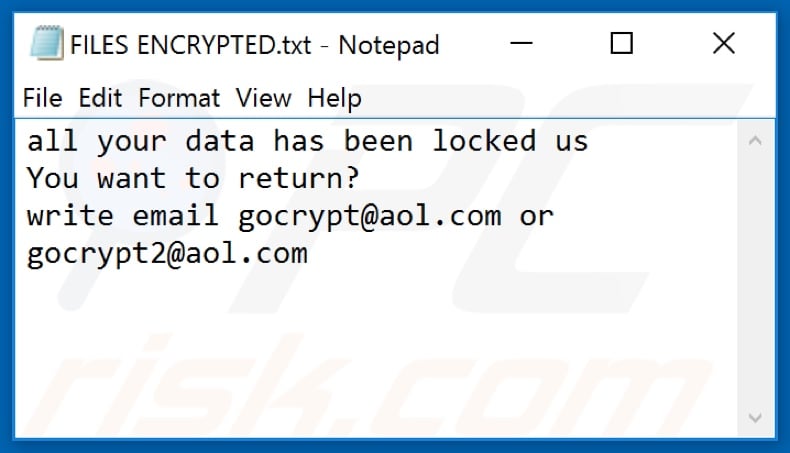 1dec ransomware text file (FILES ENCRYPTED.txt)