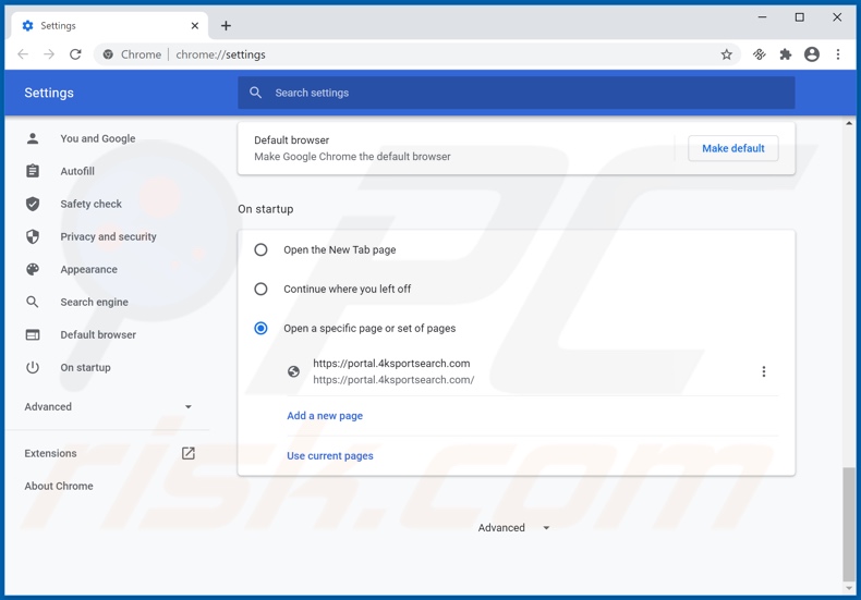 Removing 4ksportsearch.com from Google Chrome homepage