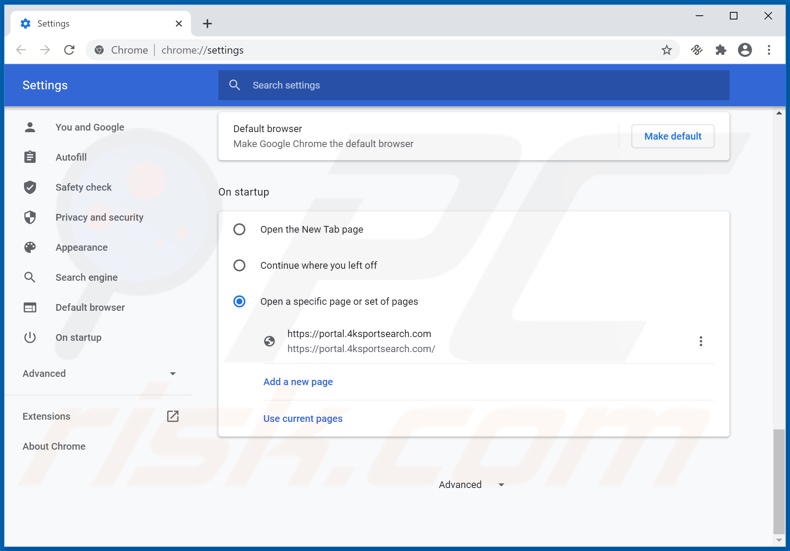 Removing 4ksportsearch.com from Google Chrome homepage