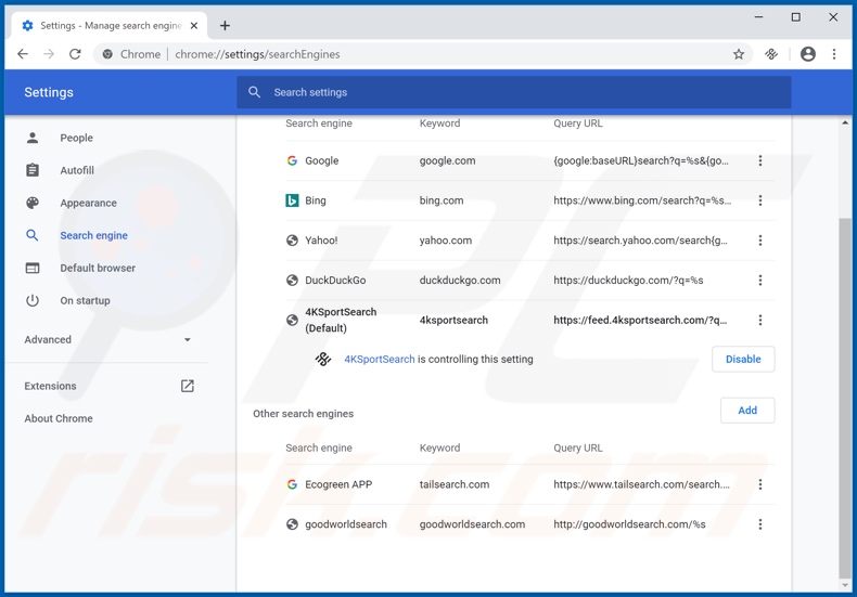 Removing 4ksportsearch.com from Google Chrome default search engine