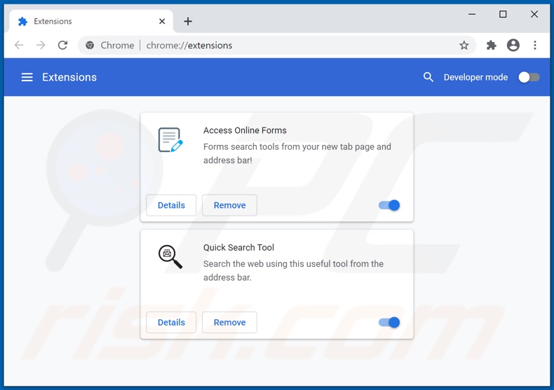 Removing haccessonlineforms.com related Google Chrome extensions