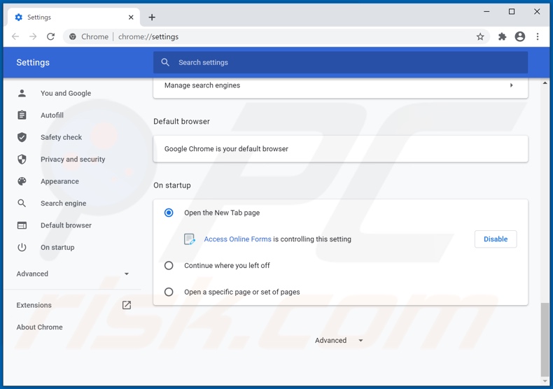 Removing haccessonlineforms.com from Google Chrome homepage