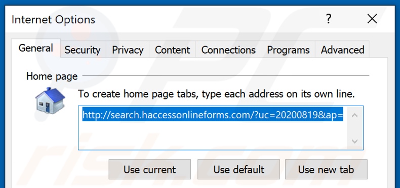 Removing haccessonlineforms.com from Internet Explorer homepage