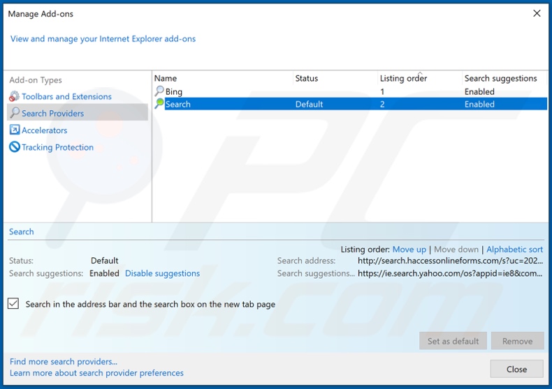 Removing haccessonlineforms.com from Internet Explorer default search engine