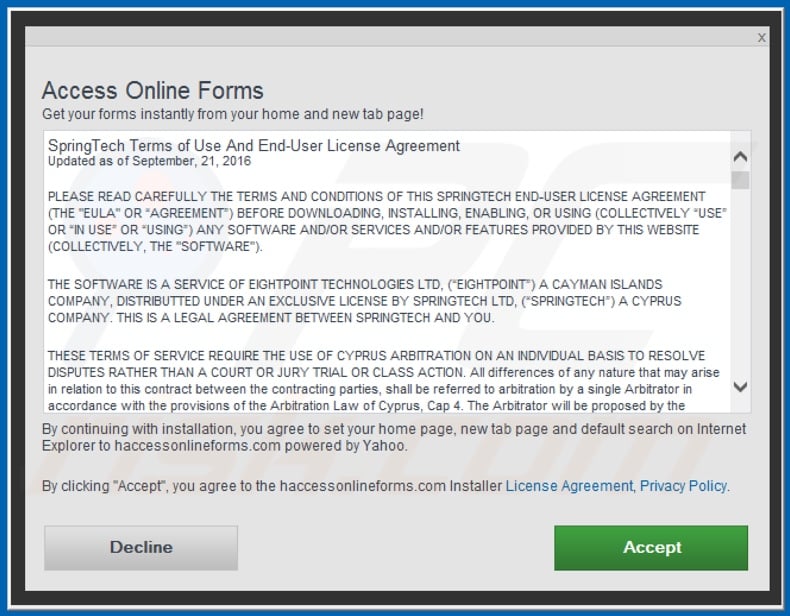 Official Access Online Forms browser hijacker installation setup
