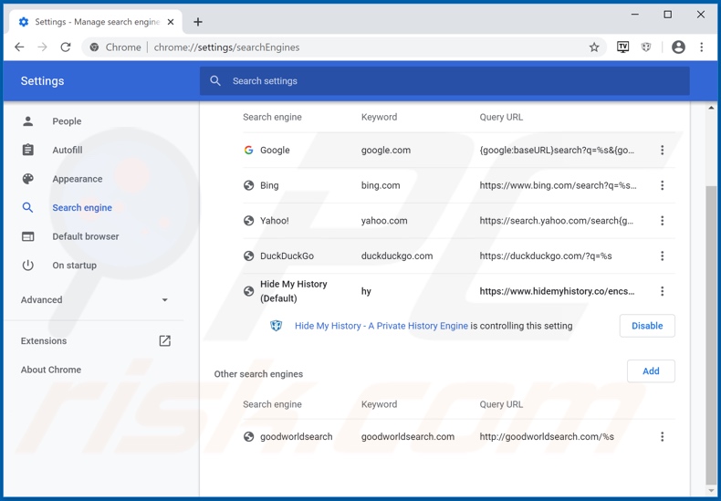 Removing haccesstvstreaming.com from Google Chrome default search engine