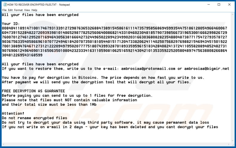 Ambrosia decrypt instructions (HOW TO RECOVER ENCRYPTED FILES.TXT)