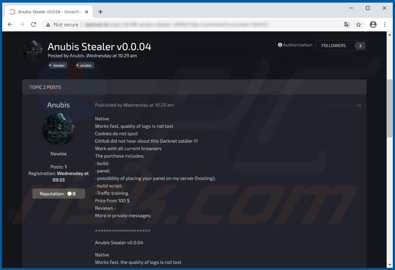 Anubis stealer-promoting hacker forum (example 1)