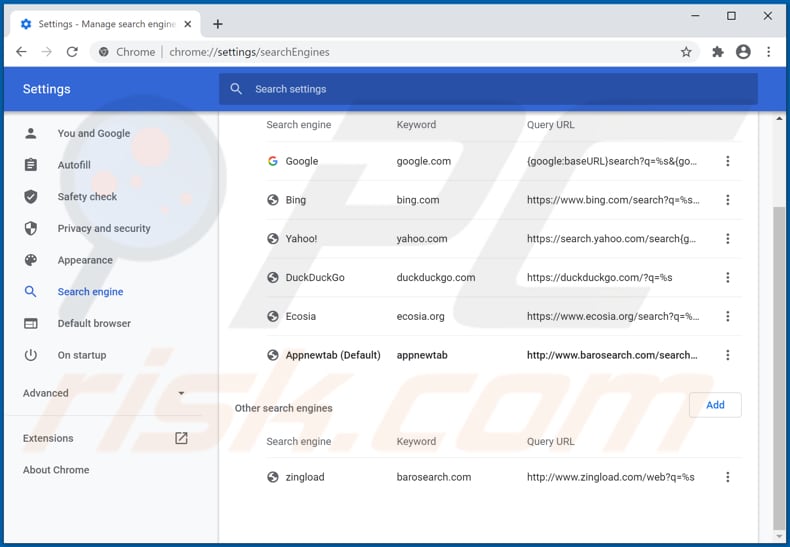 Removing baronsearch from Google Chrome default search engine
