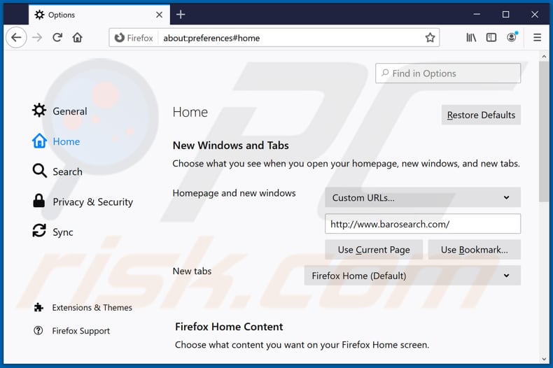 Removing baronsearch from Mozilla Firefox homepage