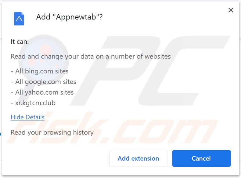 appnewtab browser hijacker notification