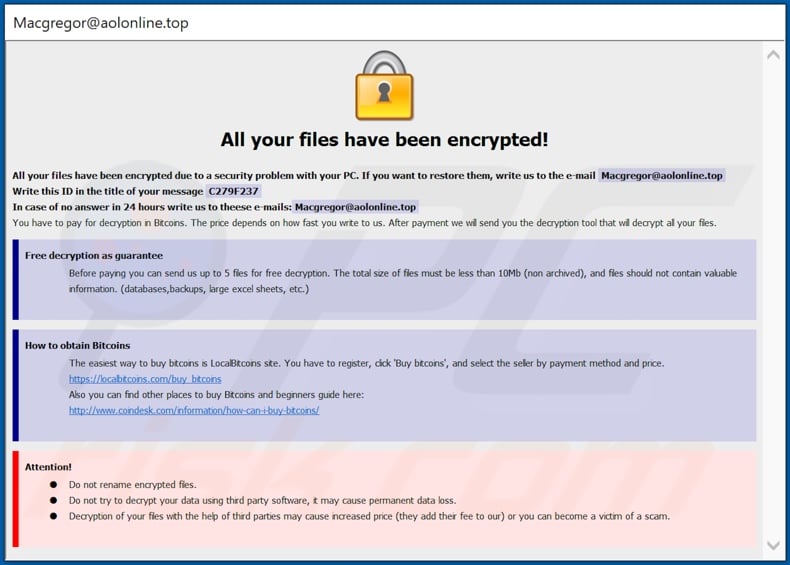 Arena ransomware ransom note (pop-up)
