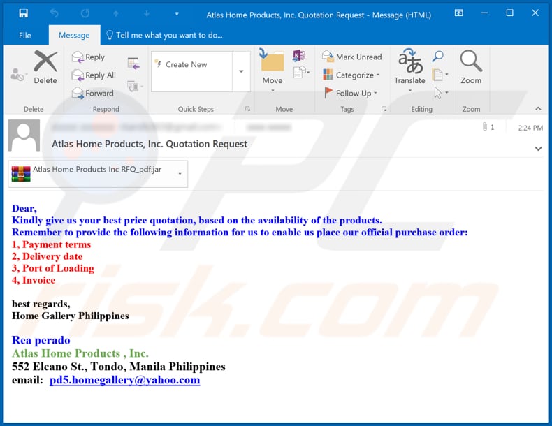 Atlas Home Products Email Virus malware-spreading email spam campaign