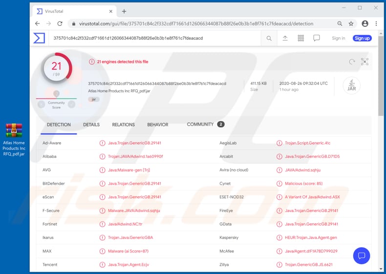 atlas home products email virus virustotal detections