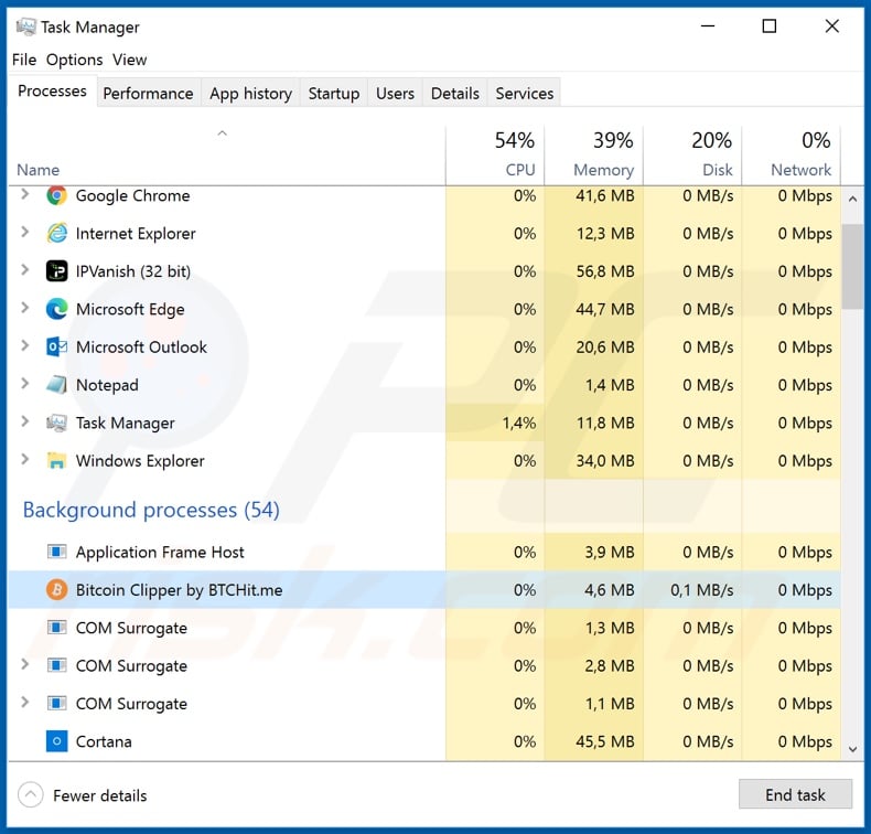 BitCoin Clipper malware process on Task Manager (Bitcoin Clipper by BTCHit.me)